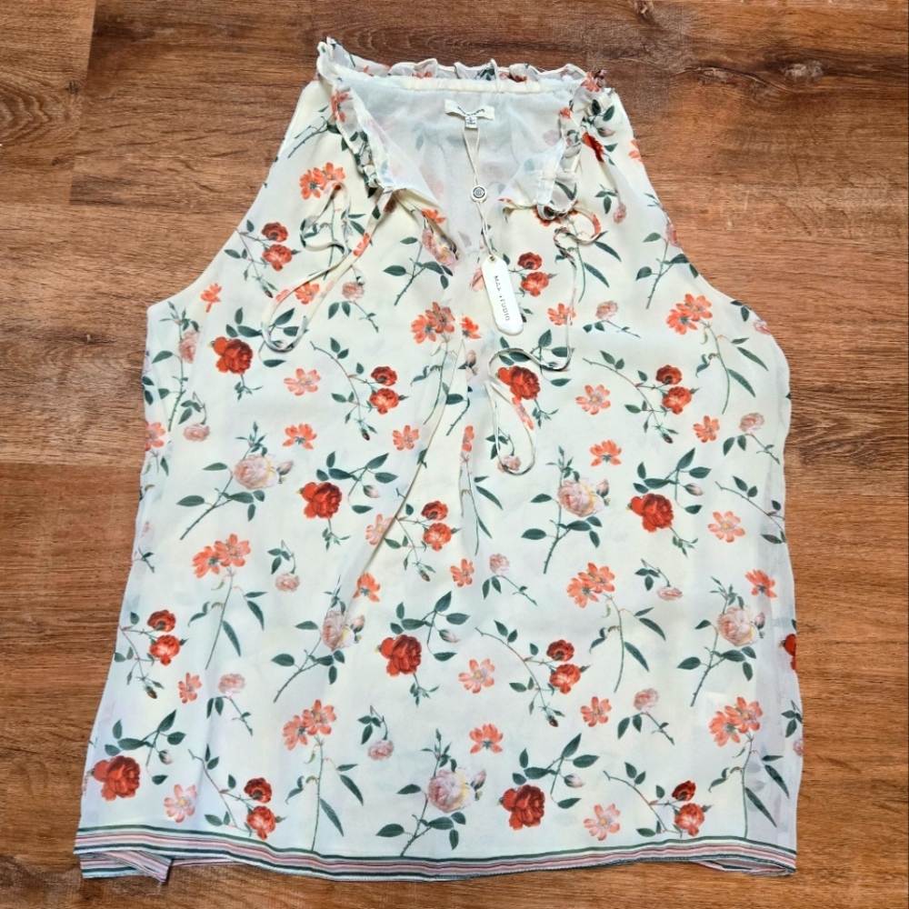 NWT! Max Studio White Floral Ruffled Sleeveless Blouse